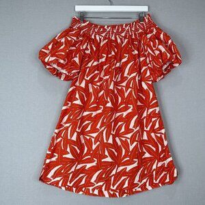Whit Two Anthro Womens Dress Medium Red Banana Leaf Off Shoulder Smocked Poplin